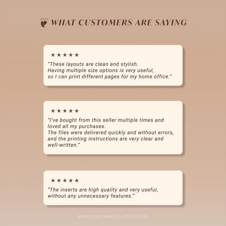 May include: A graphic display titled WHAT CUSTOMERS ARE SAYING featuring three five-star reviews on cream-colored rectangular boxes. The text includes customer feedback about clean layouts, multiple size options, quick file delivery, and high-quality inserts.