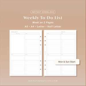 Lista de tareas semanales imprimible, organizador de tareas semanales, planificador en PDF / A5, A4, Carta y media