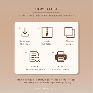May include: A digital product instruction graphic with the heading HOW TO USE. It features five numbered steps with dark brown icons: download, unzip, choose a size, check the printing guide, and print. The text explains the five-step process.