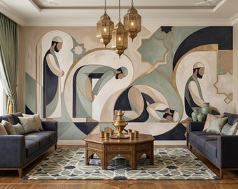 Carta da parati islamica murale color salvia beige, carta da parati autoadesiva rimovibile con motivi di preghiera