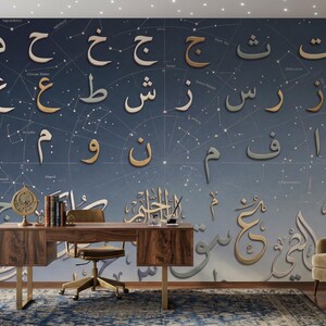Puede incluir: Una oficina en casa con un escritorio de madera oscura, una silla y dos sillones. La pared es un mural con escritura árabe y constelaciones en oro y blanco sobre un fondo azul. Una alfombra cubre el suelo.