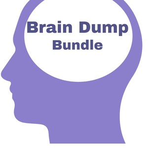 May include: A purple silhouette of a human head with a white circle in the center. The words "Brain Dump Bundle" are written in dark blue inside the circle, against a white background.
