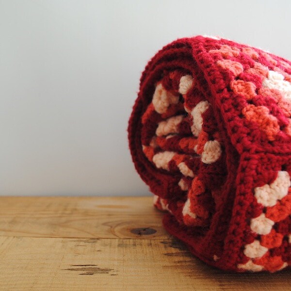 Vintage Afghan Blanket - Retro Granny Crochet Throw Red, Pink, Peach