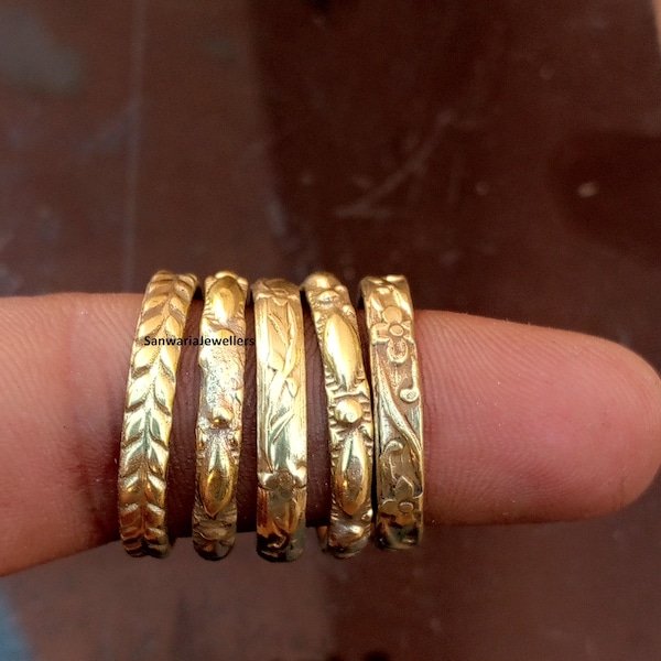 Handmade Brass Stacking Rings: Set of 5 Etched Meditation Bands
