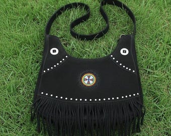 Handmade Suede Leather Fringe Crossbody Bag, Beaded Western Purse WBG102