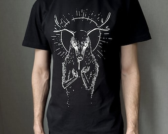 Deer God! Freak Deer Stag black cotton t-shirt, dark aesthetic Stag Adventure Time art by s_k_a_r_t, regular fit and oversized