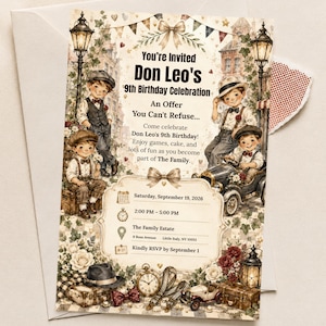 Könnte beinhalten: Eine Geburtstagseinladungskarte mit Illustrationen von Kindern in Vintage-Kleidung, Straßenlaternen und einem Oldtimer. Der Text lautet: You're Invited Don Leo's 9th Birthday Celebration, An Offer You Can't Refuse, Saturday, September 19, 2026, 2:00 PM - 5:00 PM.
