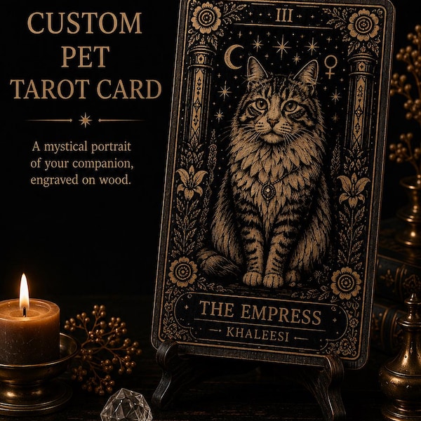 Personalisierte Tier-Tarotkarte – Katzen- oder Hundeporträt auf Holz graviert – 22 Große Arkana nach Wahl – Einzigartiges spirituelles Geschenk