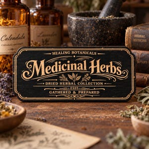 Pode incluir: Uma placa retangular de madeira preta com letras douradas que diz HEALING BOTANICALS, Medicinal Herbs, DRIED HERBAL COLLECTION, ES95 e GATHERED & PREPARED. A placa apresenta ornamentos decorativos e uma ilustração botânica central.