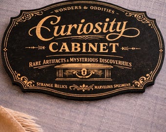 Curiosity Cabinet wooden sign - engraved gothic wall decor - vintage apothecary plaque - mystical cabinet of curiosities decor