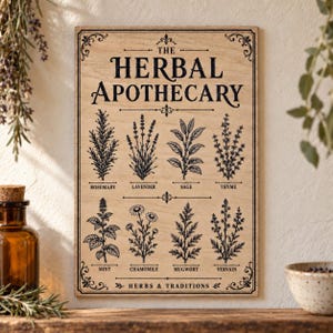 Może przedstawiać: Prostokątna drewniana tabliczka z czarnym napisem THE HERBAL APOTHECARY oraz HERBS & TRADITIONS. Przedstawia osiem ilustracji botanicznych podpisanych jako rosemary, lavender, sage, thyme, mint, chamomile, mugwort i vervain czarnym tuszem.