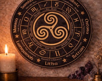 Wiccan Wheel of the Year – Wooden Sabbat Calendar 15 cm – Esoteric Decor – Pagan Altar – Celtic Triskelion