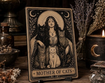 May include: A rectangular wooden plaque featuring a detailed black and tan illustration of a person with long hair surrounded by four cats. The text MOTHER OF CATS is printed at the bottom. The design includes celestial motifs like moons and stars.