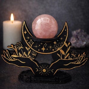Wooden Crystal Sphere Stand – Sacred Moon & Hands Engraved Holder – Gemstone Display for Lithotherapy  Spiritual Decor