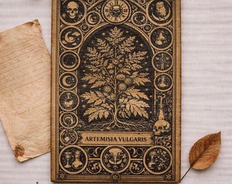 Occult Botanical Wooden Plaque – Artemisia Vulgaris – Vintage Apothecary Illustration – Witchy Gothic Wall Decor, Cabinet of Curiosities