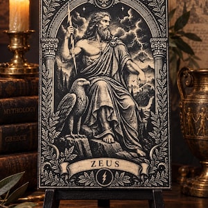 Puede incluir: Un cuadro rectangular con una ilustración en blanco y negro de Zeus sosteniendo un rayo, con un águila posada a su lado. La obra está enmarcada por columnas y hojas de laurel, con el nombre ZEUS impreso en una cinta en la parte inferior.