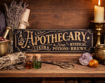May include: A rectangular black wooden sign with gold lettering that reads APOTHECARY fine MYSTICAL ELIXIRS, POTIONS, BREWS. The sign features a small bottle icon, stars, and a crescent moon. It is surrounded by brass vessels, dried herbs, crystals, and a candle.