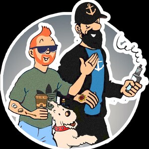 May include: A cartoon-style sticker featuring two men and a dog. One man wears a green shirt with a black logo, sunglasses, and a tattoo. The other man wears a black cap with an anchor, a black jacket, and holds a vape. A white dog is in the center.