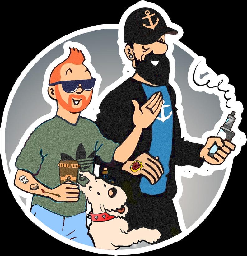 May include: A cartoon-style sticker featuring two men and a dog. One man wears a green shirt with a black logo, sunglasses, and a tattoo. The other man wears a black cap with an anchor, a black jacket, and holds a vape. A white dog is in the center.
