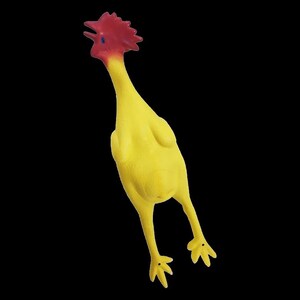 May include: A yellow rubber chicken toy with a red comb and beak. The chicken is in a squawking pose, with its neck stretched and mouth open. The toy has small black eyes and yellow feet.