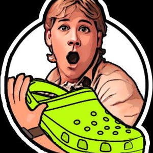May include: A cartoon image of a person with a surprised expression, holding a bright green clog shoe. The person is framed in a white circle against a black background. The clog has multiple holes.