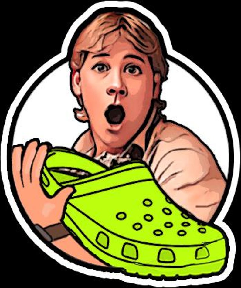 May include: A cartoon image of a person with a surprised expression, holding a bright green clog shoe. The person is framed in a white circle against a black background. The clog has multiple holes.