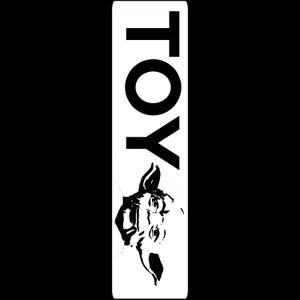May include: A vertical white rectangle with the word "TOY" in bold black letters at the top. Below the text is a black and white illustration of a horse's head. The background is solid black.