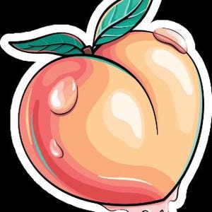 May include: A cartoon-style peach sticker with a white border. The peach is a gradient of pink and orange, with a green leaf and water droplets. The bottom of the peach has a dripping effect.