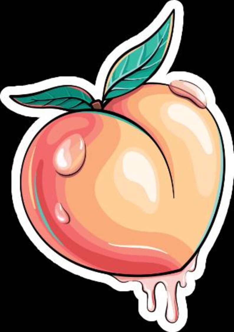 May include: A cartoon-style peach sticker with a white border. The peach is a gradient of pink and orange, with a green leaf and water droplets. The bottom of the peach has a dripping effect.