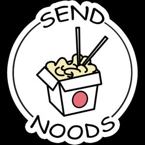Op de afbeelding: Een witte sticker met een zwarte omtrek met een cartoon illustratie van een afhaalbox gevuld met noedels en eetstokjes. De tekst "SEND NOODS" is rond de afbeelding geschreven in een zwart, speels lettertype.