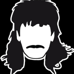 Puede incluir: Gr&aacute;fico en blanco y negro de una cara con peinado mullet y bigote. La cara es blanca, delineada en negro, sobre un fondo negro. El cabello es negro con un contorno blanco.