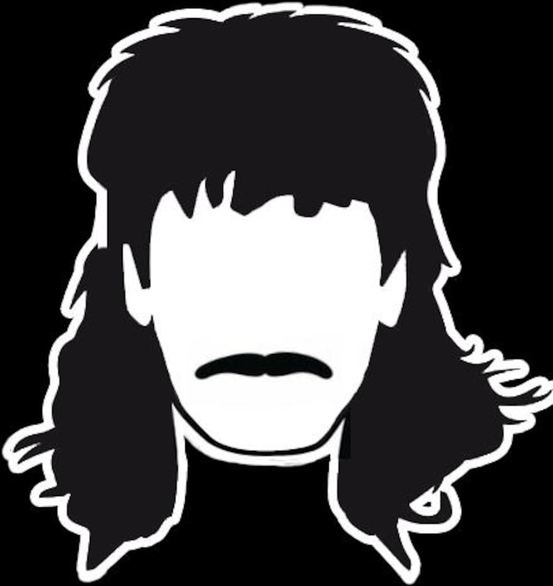 Puede incluir: Gr&aacute;fico en blanco y negro de una cara con peinado mullet y bigote. La cara es blanca, delineada en negro, sobre un fondo negro. El cabello es negro con un contorno blanco.