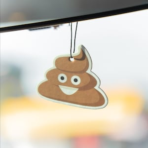 Könnte beinhalten: Brauner Lufterfrischer in Form eines lächelnden Kackhaufen-Emojis mit weißem Rand. Das Emoji hat zwei schwarze Augen und ein weißes Lächeln. Es hängt an einem schwarzen Faden. Der Hintergrund ist unscharf.