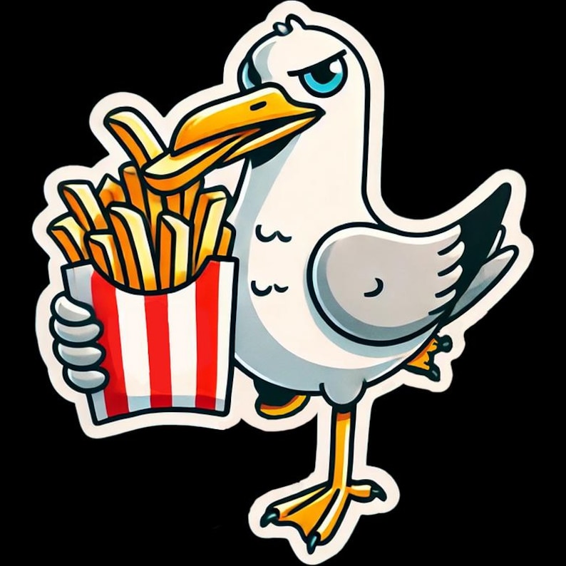 May include: A cartoon sticker of a seagull holding a carton of french fries. The seagull is white with gray wings, a yellow beak and feet, and a stern expression. The carton is red and white striped.