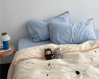 Minimalist Cute Doodle Bedding Set, Cream Cartoon Duvet Cover, Blue Pillowcase Set, Soft Cotton Kids Bedding, Aesthetic Bedroom Decor