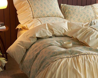 Vintage Floral Bedding Set Cream Yellow Cottagecore Duvet Cover Romantic Ruffle Elegant Bedroom Decor