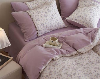 Lavender Floral Duvet Cover Set: Cottagecore Lace Trim Bedding