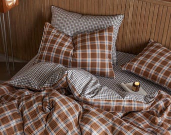 Brown Plaid Bedding Set Vintage Gingham Duvet Cover Cozy Neutral Bedroom Decor