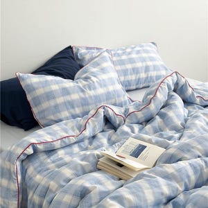 May include: A bed with blue and white checkered bedding, including a comforter and two pillows. The comforter and pillowcases have red trim. A navy blue pillow is also visible. An open book rests on the comforter.