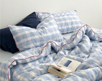 Blue Plaid Bedding Set, Classic Checkered Duvet Cover, Minimalist Cotton Bed Set, Aesthetic Blue Bedroom Decor, Preppy Style Bedding