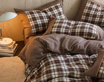 Brown Plaid Duvet Cover Set - British Checkered Bedding, Cozy Autumn Decor