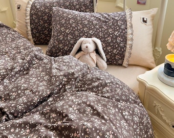 Dark Floral Bedding Set Lace Trim Duvet Cover Vintage Cottagecore Comforter Cover Cozy Romantic Bedroom Decor