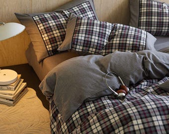 Grey Plaid Duvet Cover Set - British Checkered Bedding, Cozy Bedroom Decor