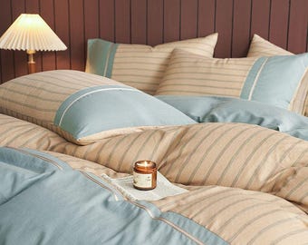 Blue Beige Striped Bedding Set Minimalist Duvet Cover Japanese Style Modern Neutral Bedroom Decor