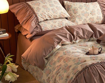 Rose Floral Ruffle Duvet Cover: Cottagecore Romantic Bedding Set