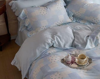 Blue Patchwork Cottagecore Bedding Set Ruffle Duvet Cover Vintage Farmhouse Bedroom Decor