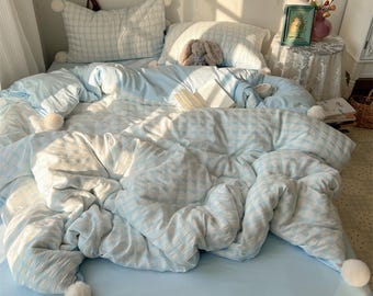 Brown Plaid Bedding Set, Vintage Checkered Duvet Cover Set, Soft Cotton Bed Set, Cozy Minimalist Bedding, Warm Neutral Bedroom Decor