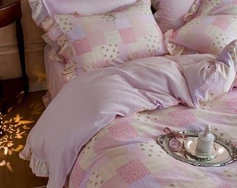 Pink Patchwork Ruffle Bedding Set Vintage Cottagecore Duvet Cover Romantic Floral Bedroom Decor