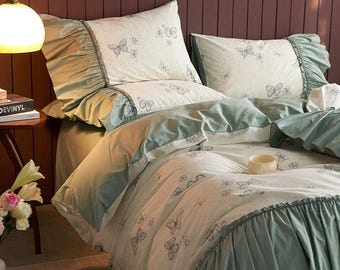 Butterfly Floral Bedding Set Sage Green Cottagecore Duvet Cover Romantic Ruffle Vintage Bedroom Decor
