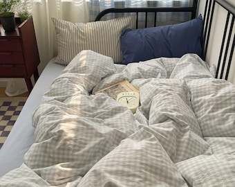 Beige Checkered Bedding Set, Soft Minimalist Duvet Cover Set, Korean Aesthetic Plaid Bedding, Cozy Neutral Bed Set, Cottagecore Bedding